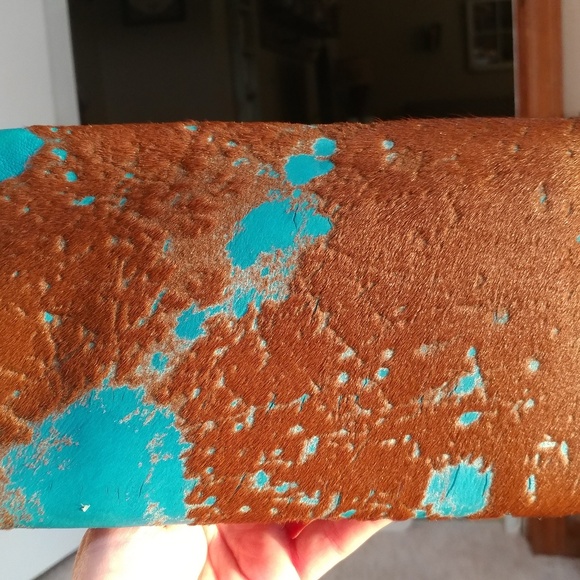 Turquoise Acid Washed Cowhide Clutch Purse - Picture 5 of 7